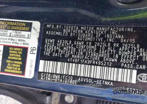 2015 Toyota Camry Le/Xle/Se/Xse z USA, uszkodzony, nr VIN 4T4BF1FK9FR495212